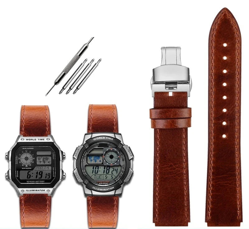 Retro Leather Watch Strap for Casio AE1200 AE1300 F-108 W-216H W-218 WS-1400 W-737H – 18mm STRAPS