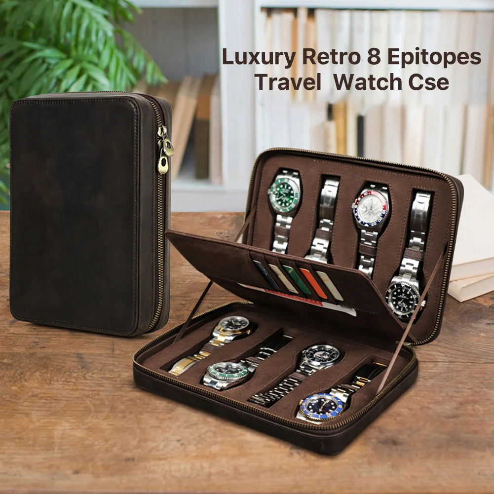 Crazy Horse Leather Watch Case - Vintage 4/8 Slot Zipper Travel Box STRAPS