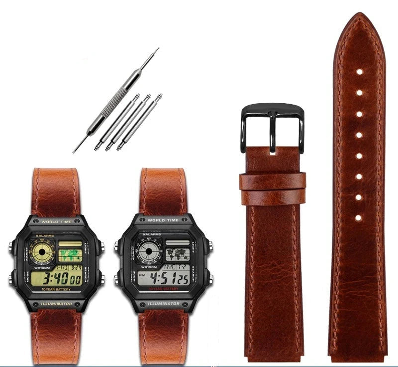 Retro Leather Watch Strap for Casio AE1200 AE1300 F-108 W-216H W-218 WS-1400 W-737H – 18mm STRAPS