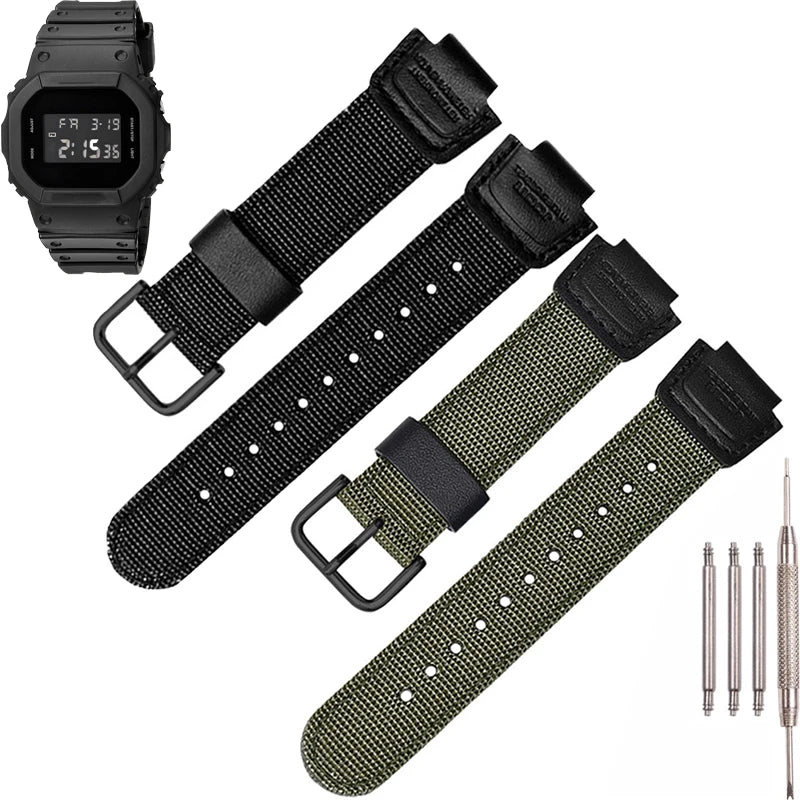 Nylon & Leather Hybrid Strap for Casio DW5600 GA2100 GA110 GA700 AWG-M100 16mm Sports Band STRAPS