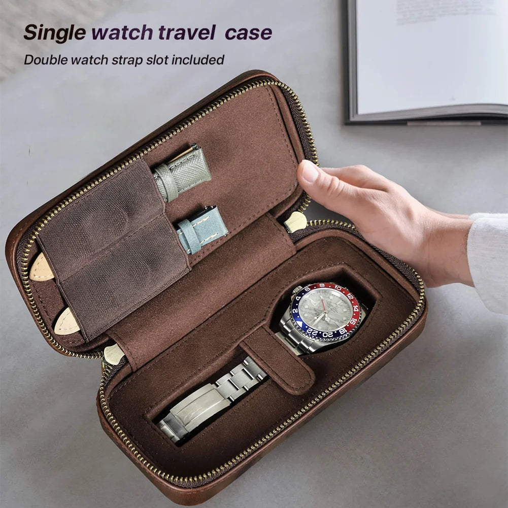 Retro Crazy Horse Leather Watch & Strap Travel Case STRAPS